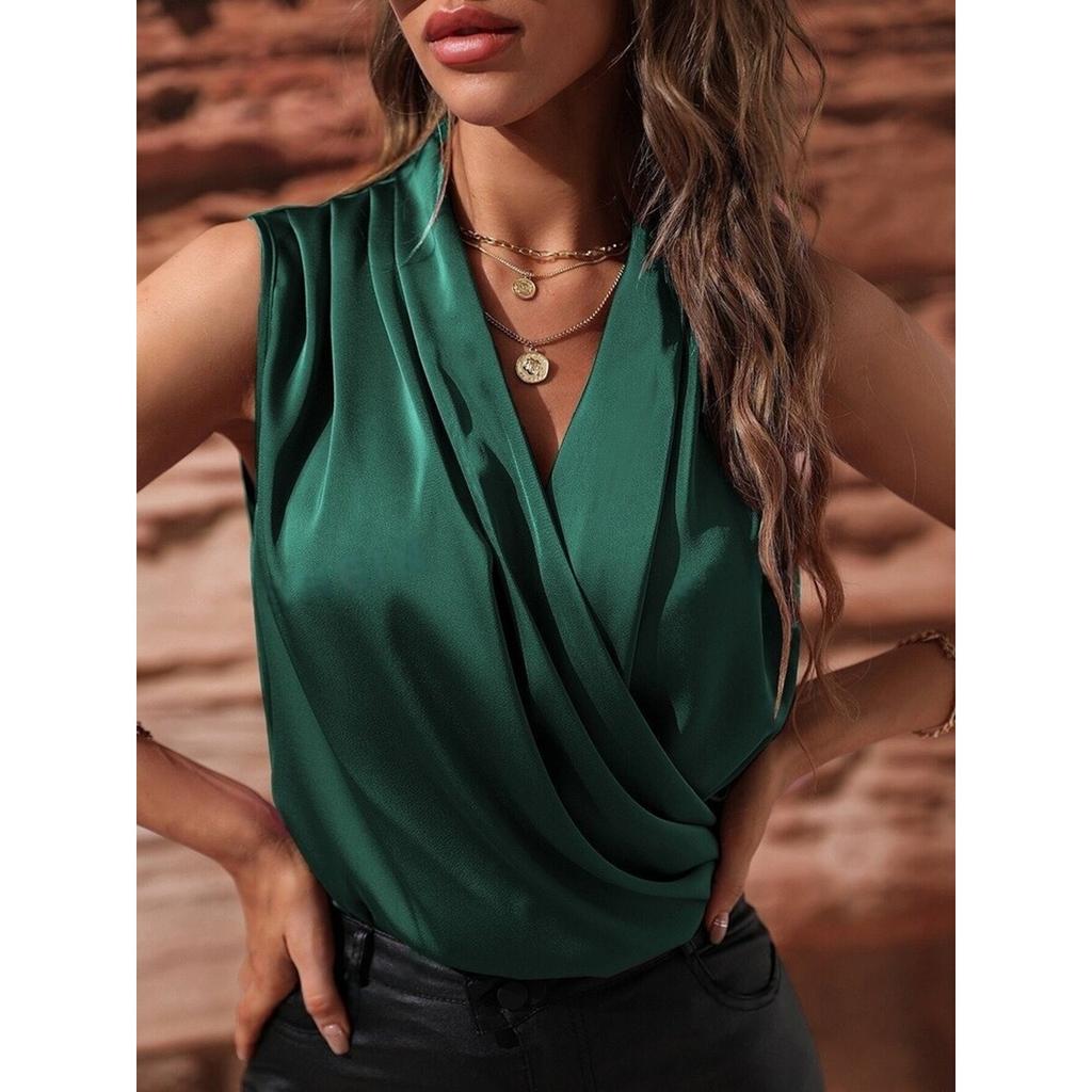 Women's Spring and Summer Sleeveless Satin Shirt Pleated Vest New Sexy Shirt