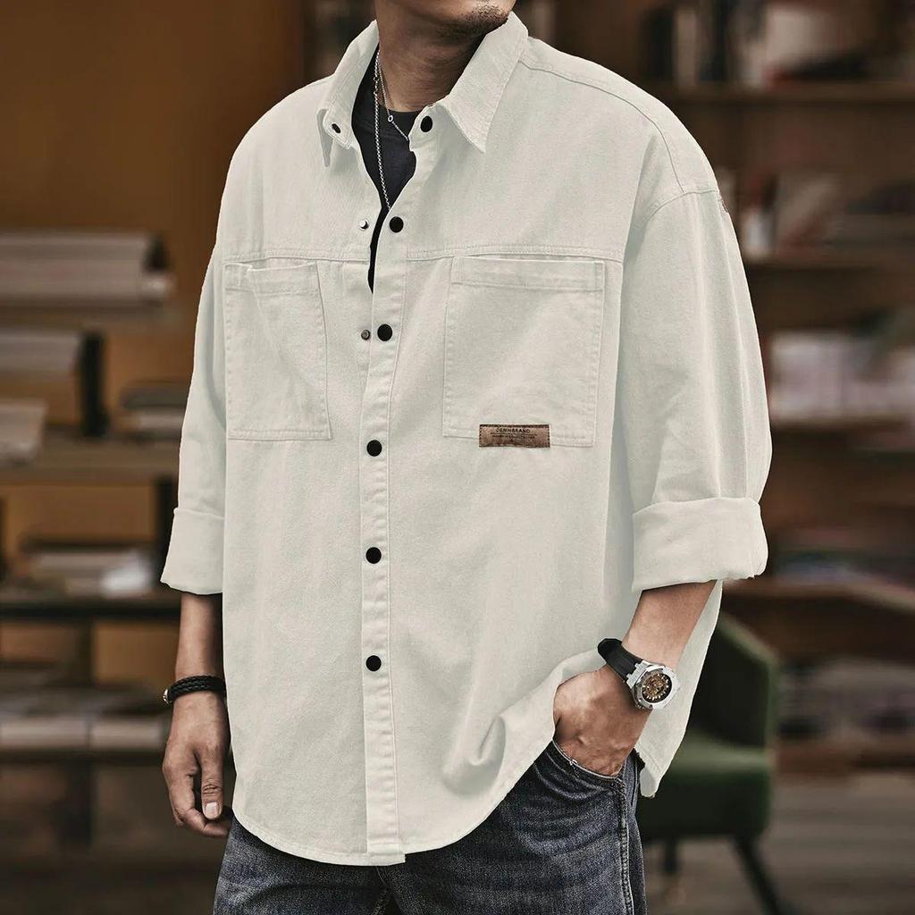 Men's Casual Solid Color Lapel Work Shirt Jacket - Oversized for Spring and Autumn