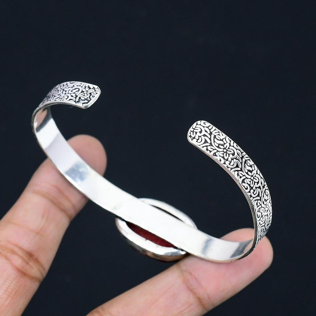 Natural Italian Coral Gemstone Bangle Adjustable 925 Sterling Silver For Women