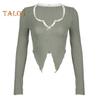 Women Tops V-Neck Lace Stitching Long Sleeve Irregular Hem Pullover Tops Solid Color Ribbed Slim Fit Cropped Tops