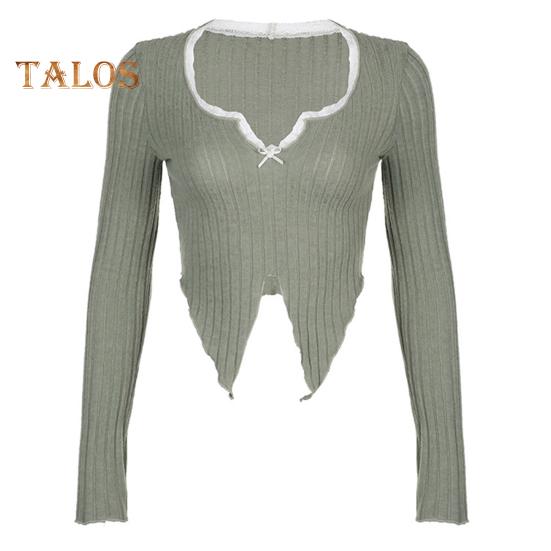 Women Tops V-Neck Lace Stitching Long Sleeve Irregular Hem Pullover Tops Solid Color Ribbed Slim Fit Cropped Tops