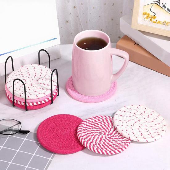 Yousheng 8Pcs Cotton Woven Coasters for Drinks, Absorbent Coasters Set with Holder, Wear-Resistant Insulating Heat-Resistant Coasters for Cups Teapots