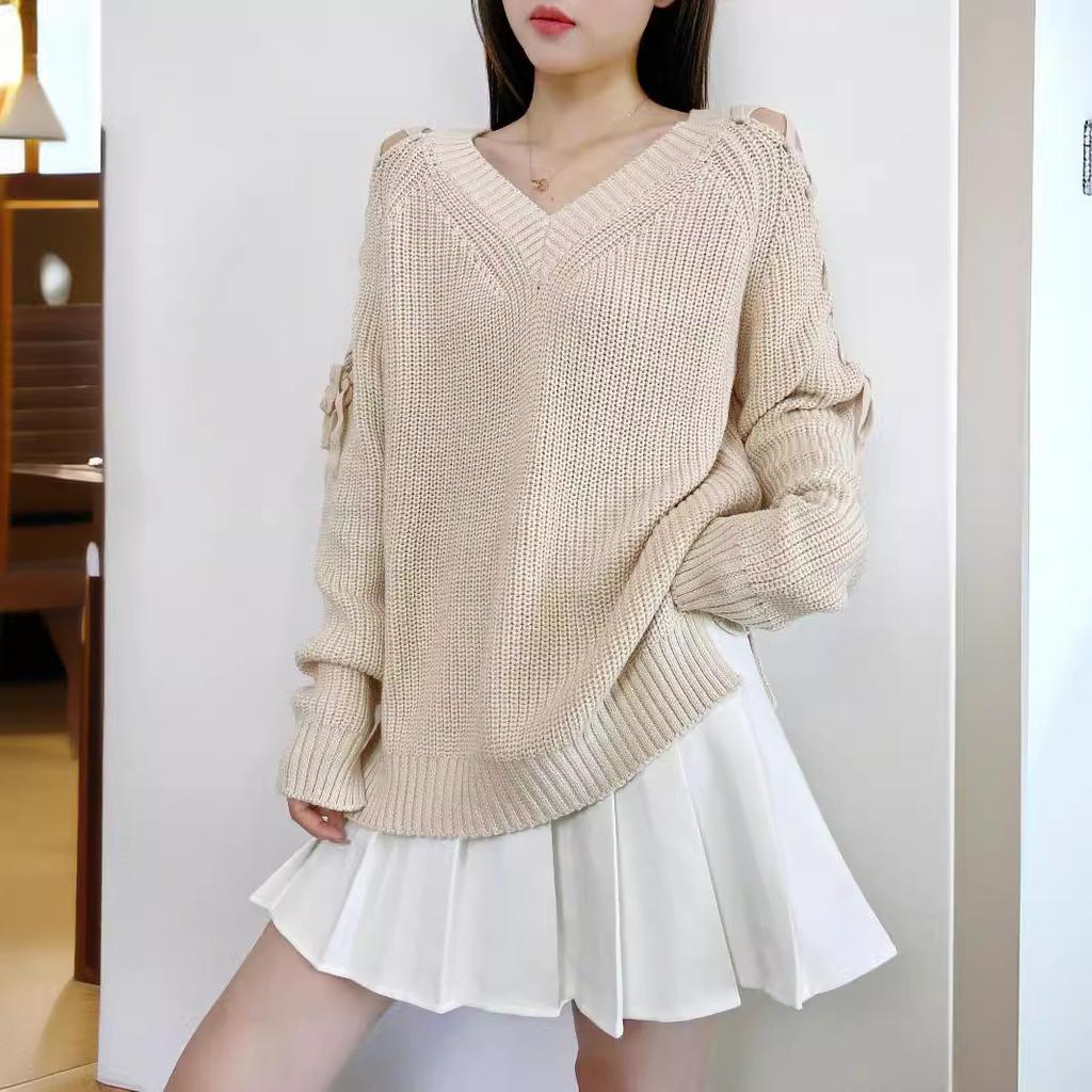 Autumn and Winter Women's Solid Color Strapless Long-sleeved Knit Sweater V-neck Pullover Breathable Loose Sweater Bottoming Shirt Fashion Tops