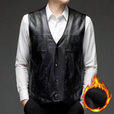 Herre Vest Ensfarvet Enkeltknappet Løs Kulbeskyttende Plus Size Kunstlæder V-hals Plysforing Vest Streetwear