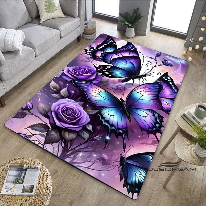 Customizable3D Luxury Dream Butterfly Flower Non-Slip Carpet for Home Living Room Bedroom Sofa Washable Kid Play Area Rug Decor
