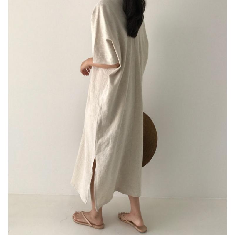 Minimalistické Retro Dlouhé Volné Ležérní Šaty s Dlouhým Krátkým Rukávem