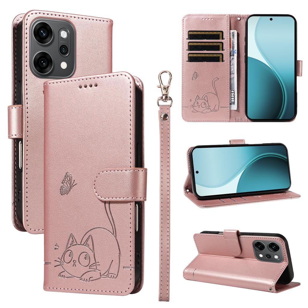 For Oppo Reno14 Pro 5G (China)/Oppo Reno14 Pro 5G (Global) Case Cat Pattern Imprint Leather Phone Cover with Wrist Strap