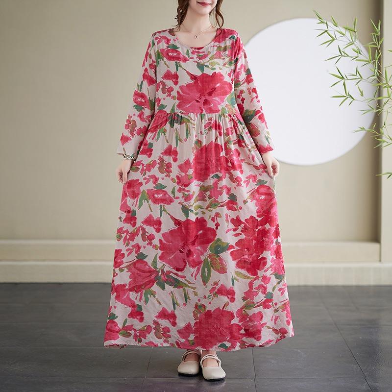 Dress A Variety of Color Holiday Style Travel Round Neck Vintage Flesh-covered Cotton Hemp Long Dress