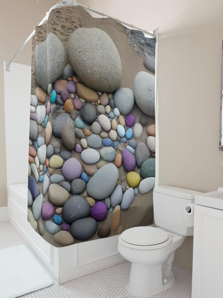 Beach Pebble Shower Curtain - Vibrant Coastal Stone Art For A Waterproof And Unique Bathroom Dcor Set