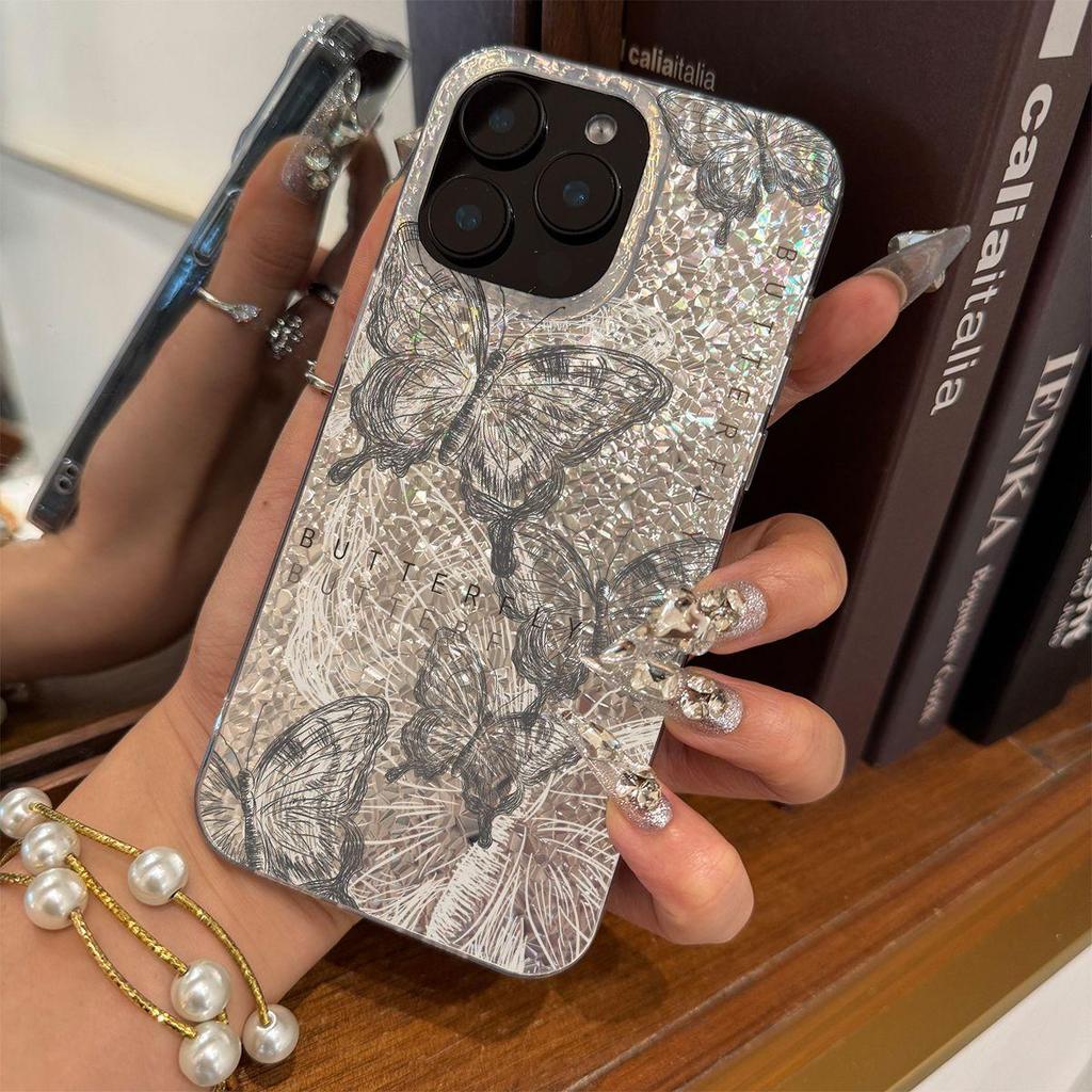 Acryl-Rückseite TPU-Stoßfänger für iPhone 14 18 Pro Max 12 17 Pro Air 11 13 XR 15 XS Max 16 Plus Schwarzes Schmetterlings-Thema hone Hülle Stoßfeste Abdeckung