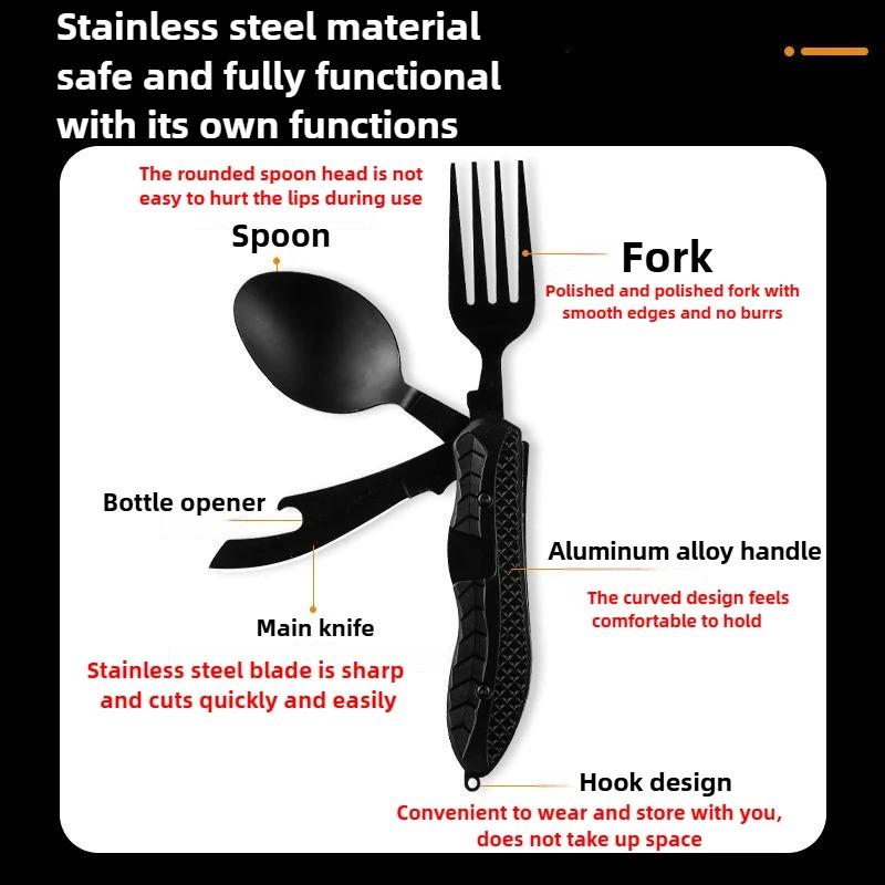 Vikbar Gaffelkniv i Rostfritt Stål Utomhus Campingbestick Bärbar Öppnare Kombinationsset Bestick Bordsservis Multiverktyg