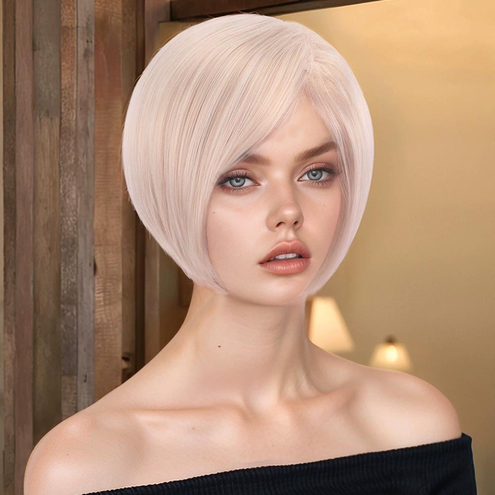 White Blonde Synthetic Wigs with Bangs Short Straight Bob Hair for Women Cosplay Daily Natural Heat Resistant Fibre