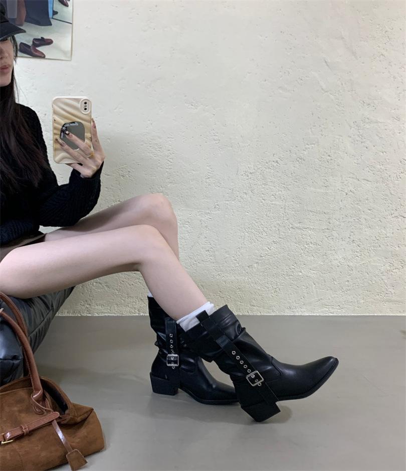 Корейская версия длинных сапог французский тонкий замшевый эластичный острый носок тонкий каблук короткое голенище высокий каблук женская обувь 35