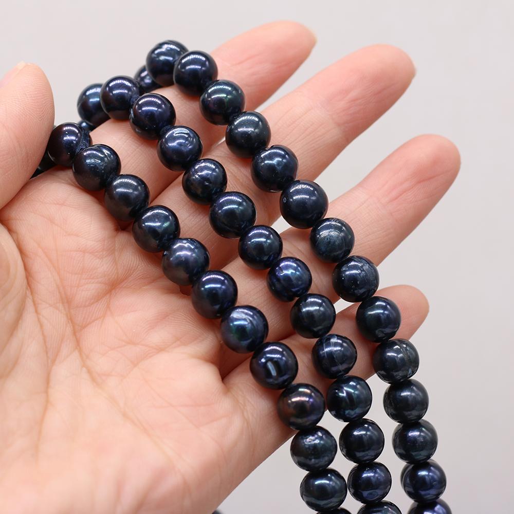 1String, Black Near Round Pearl 8-9mm, Fashion Women Natural Freshwater Pearl Beads for Jewelry Making DIY Crafts, Luxury Bulk Gifts 36cm