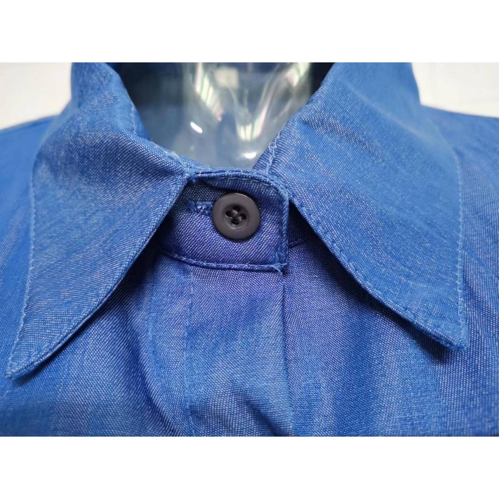 Elegant Women's Long Sleeve Denim Dress - Neutral Style Button-Down Maxi Dress with Lapel Collar and Pockets, Stylish Solid Color Long Dress for Casua