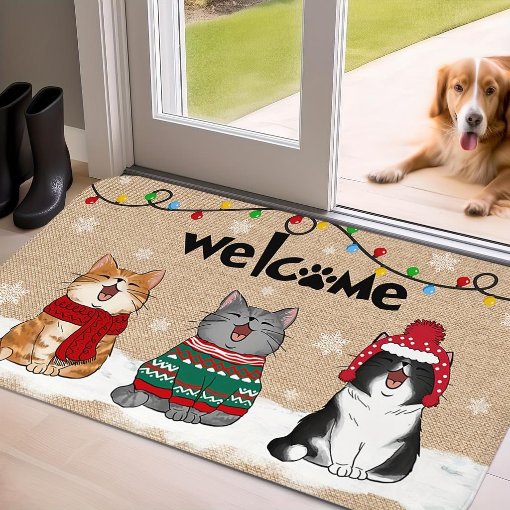 Plush Cat Welcome Doormat, Ultra-Soft Absorbent Polyester Rug, Non-Slip Christmas Decor for Bathroom Living Room Rug