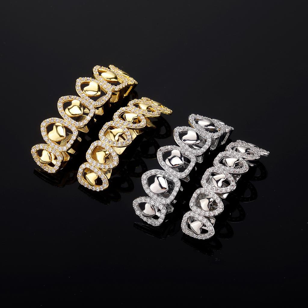 Factory  Halloween Jewelry Gold Silver Metal Color Plating Brass and Zircon Six Piece Hollow Out Heart Hip Hop Grillz