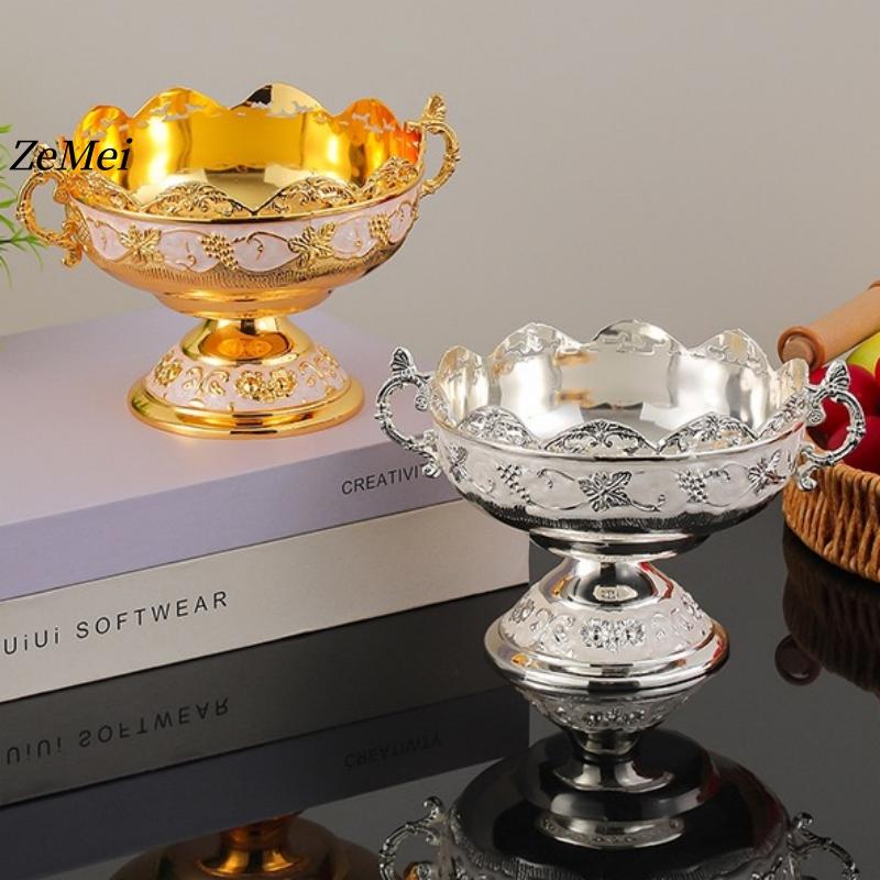 European-Style Patterned Fruit Plate,Portable Alloy Luxurious Bright Gold Tray,Home Living Room High-Foot Snack Plate Decoration