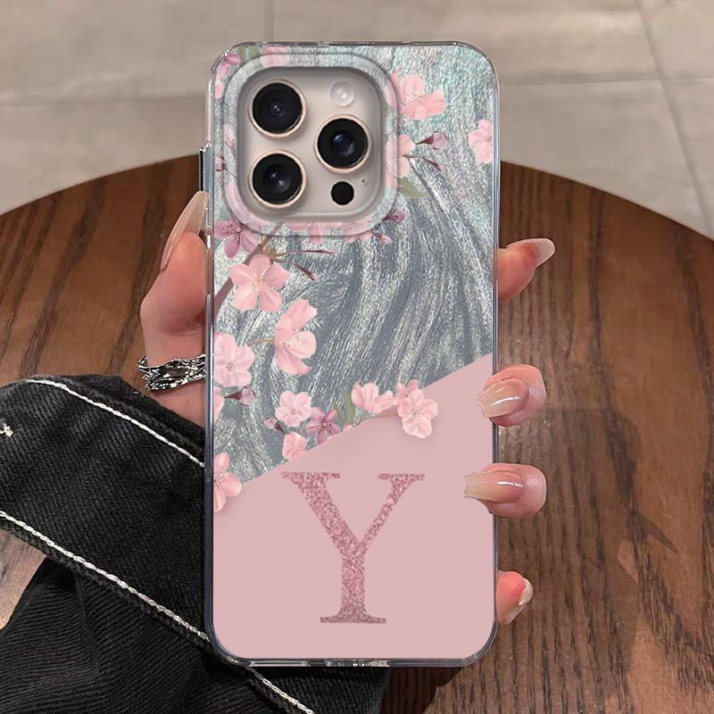 Case For iPhone 16 Pro Max 15 13 14 Plus 5G Phone Cover A-Z Letter Pink Flowers For iPhone 17 Air Shockproof Couple Hard Back