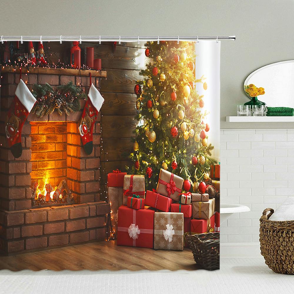Frohe Weihnachten Duschvorhänge 3D Badvorhänge Schneemann Weihnachtsmann Baum Hirsch Dekorativer Polyesterstoff 180*240Cm Sichtschutz