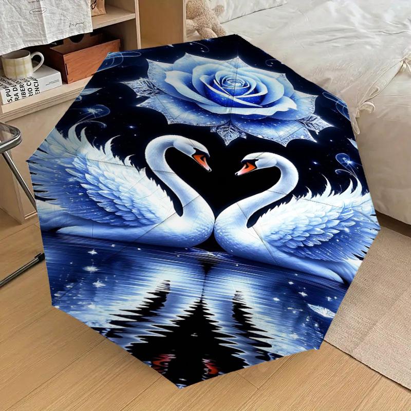 1pc Swan Love Automatic Open/Close Umbrella Compact Folding Umbrella with 8-Rib Shaft for Women/Men, Portable Travel Umbrella,1192S