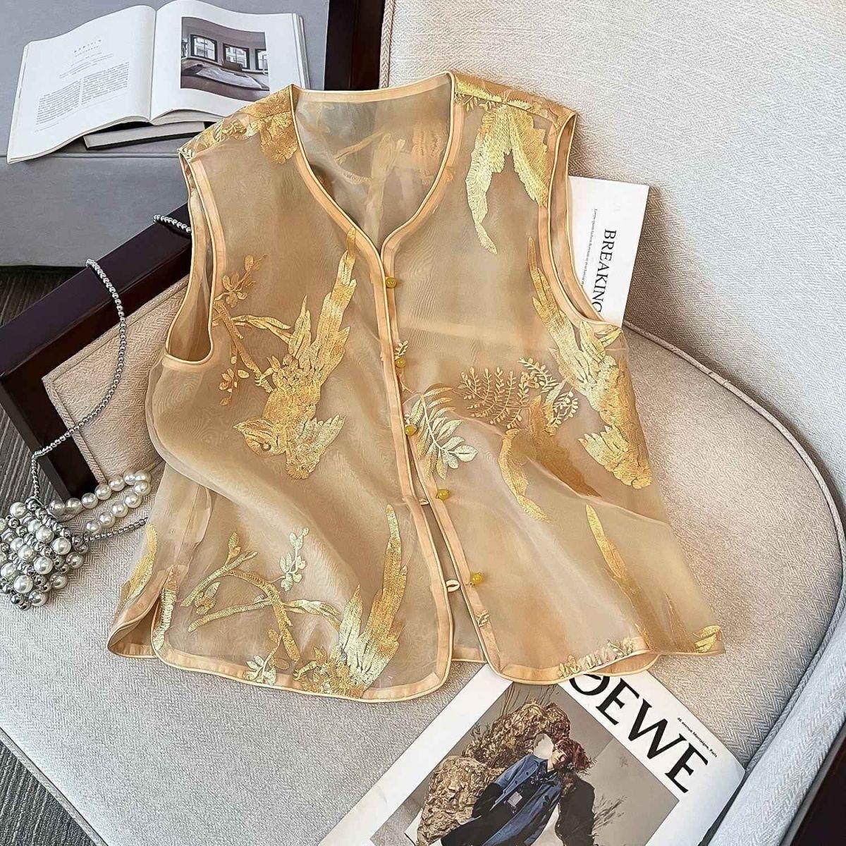 

Летний новый вышитый жилет с застежкой-диском, без рукавов, жилет, женский универсальный топ M (under 50kg recommended)