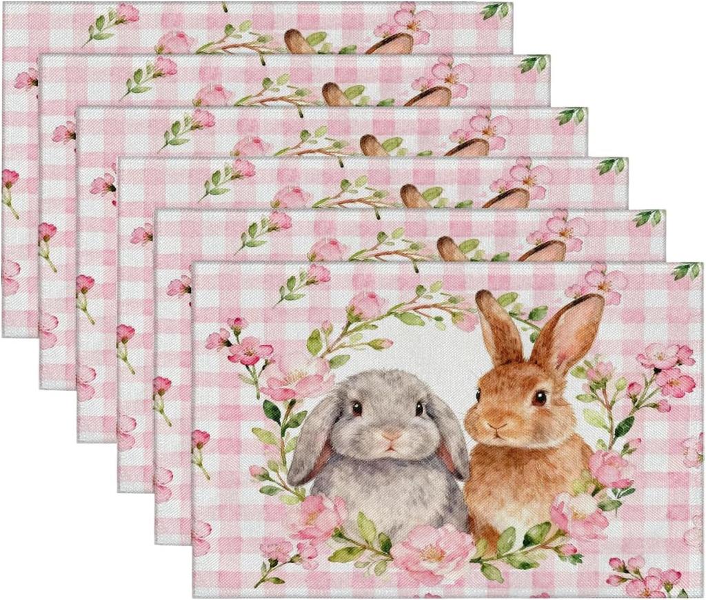 Happy Easter Bunny Flower Placemats Set of 6 - Buffalo Plaid Rabbit Linen Place Mat Washable Non-Slip Table Mats