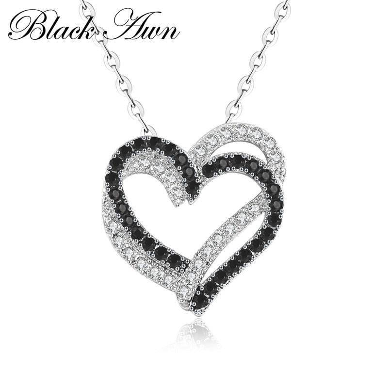 BLACK AWN Heart Genuine LOVE Necklaces Pendants Jewelry Black&White Stone Jewelry For Women