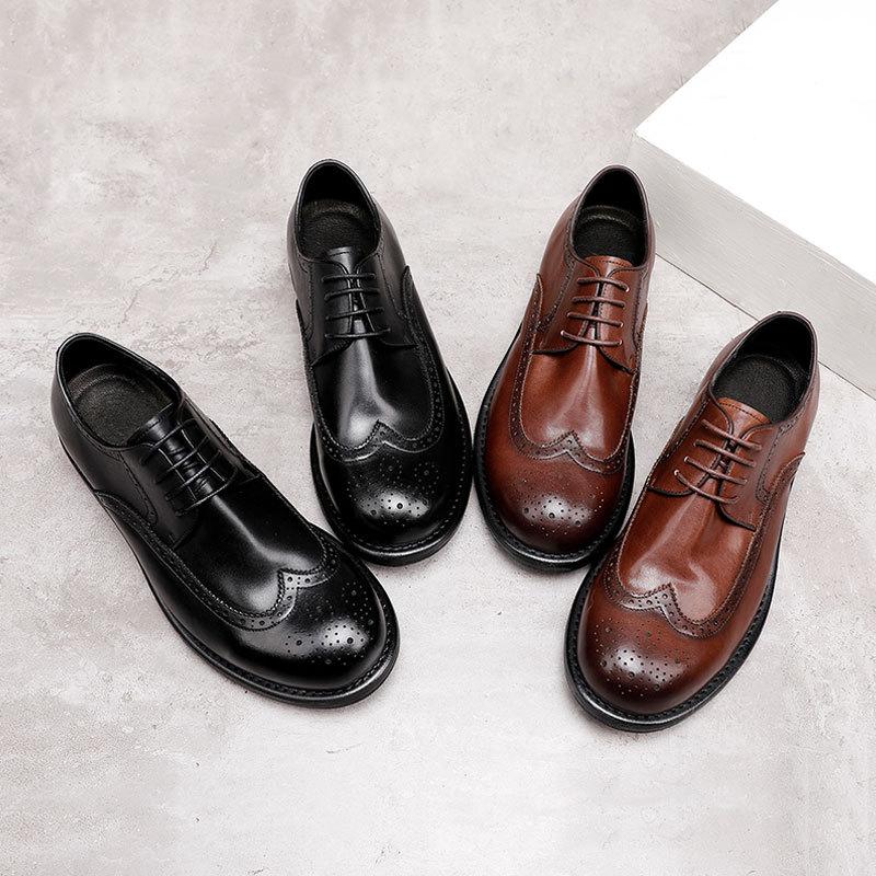 Dress Business Casual Leather Shoes Big Head Shoes Men'S Leather Retro Washed Engraved Goodyear British Wedding Shoes