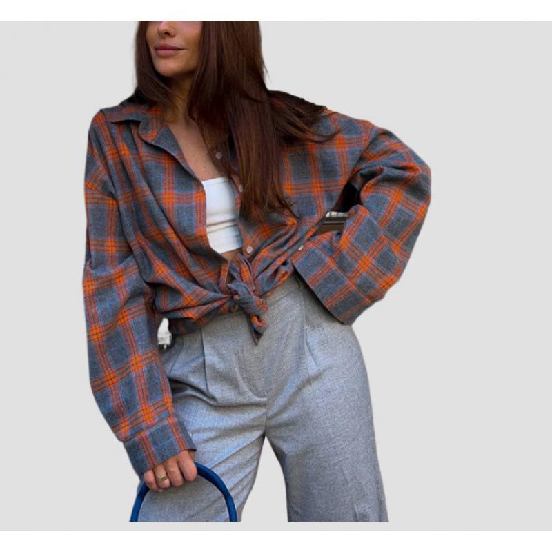 Women's Retro Plaid Long Sleeve Loose Lapel Shirt for Spring and Autumn