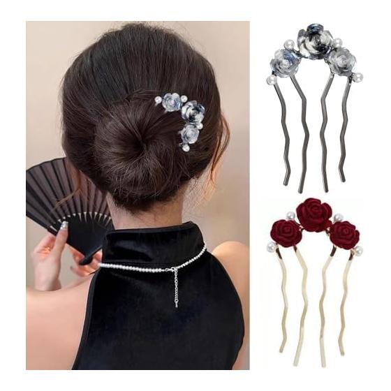 Elegant Rose Design Hair Comb Set - 2 Piece Updo Comb & Hairpin for Elegant Hairstyles, Bridal, Formal Events, and Everyday Wear - High-Quality Alloy