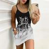 Summer New Retro Solid Color and Letters Pattern Print Sleeveless Bodycon Dress with Pockets Sexy Slim Fit Elegant Party Dress