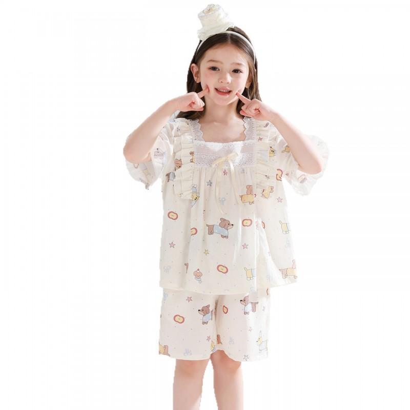 Girls Short Sleeve Pajama Set Cartoon Print Lyocell Sleepwear Home Wear Comfortable Breathable Kids Nightwear