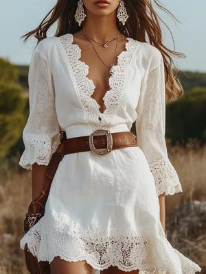 Women's Floral Lace V-Neck Short Sleeve Solid Color Lace Dress