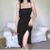 Schwarzes Trägerkleid für Damen, Sommer, Seniorinnen-Stil, klein und dünn, sexy langes Kleid mit geteiltem Saum, mit innenliegendem, figurbetontem Rock.