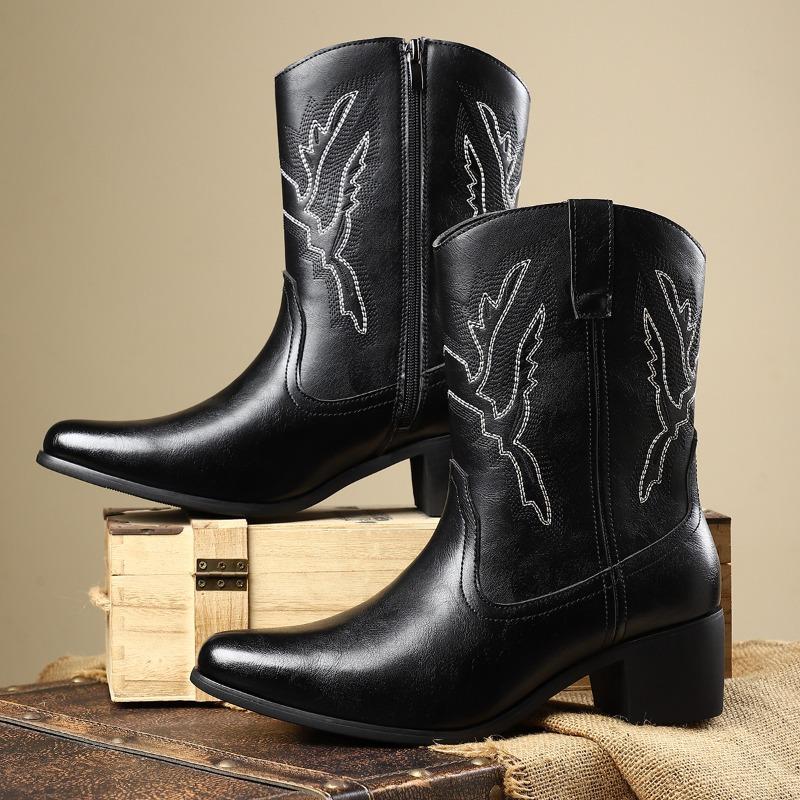 Mens Western Cowboy Boots Classics Hand Embroidery Leather Boots Fashion Mid-calf Motorcycle Booties Luxury Men's Business Boots