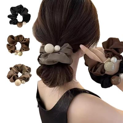 Chouchou Hair Accessories 3-piece Set Glossy Large Pearl Hairband Tie Updo Gift Satin Rubber Round Shape Elegant Suit Outing Date Commuting High
