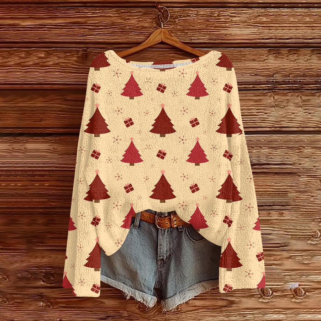 Women's Fashionable Oversized Knitwear Long-Sleeved Christmas Print Top