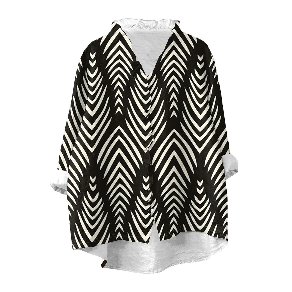 Women's Loose Ruffled Retro Floral Print Stand Collar Long Sleeve Cotton And Linen Top