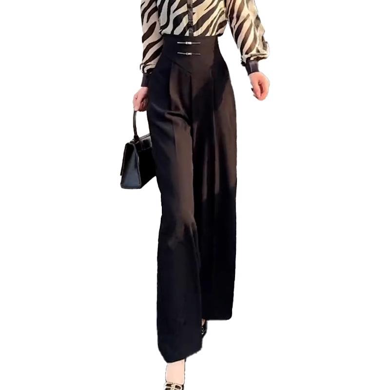 Women's Autumn 2025 Black Wide-Leg Pants: New Chinese Style Slim Fit Straight-Leg