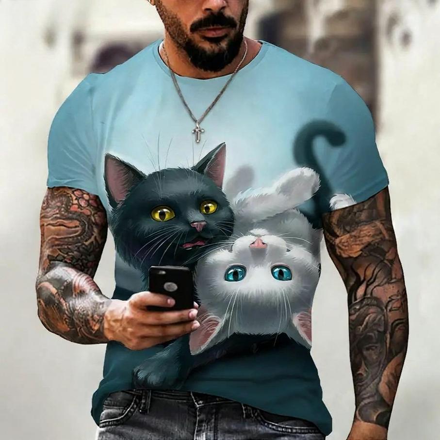 Summer Round Neck Animal Cat Pattern 3D Print Top Fashionable Casual Short Sleeved Men's T-shirts