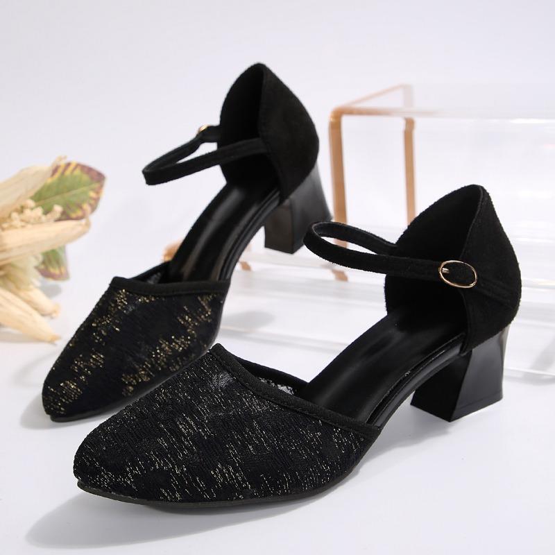 Fashion 2024 Spring and Summer Fashionable Women's Sweet High Quality Black Leather Buckle Strap Toe Sandals Cool European High Heels