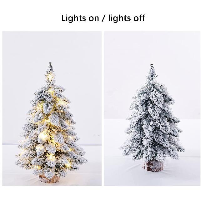 1 Pcs Prelit Tabletop Christmas Tree Snow Flocked Christmas Tree with Led Lights Wood Base Mini Xmas Pine Tree for Table Desk Home Christmas Decor