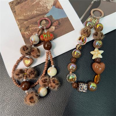 1pc Luxury Leopard Print Rhinestone Star Bracelet Pendant Simplicity Plush Short Phone Strap Style Phone Earphones Chain Pendant