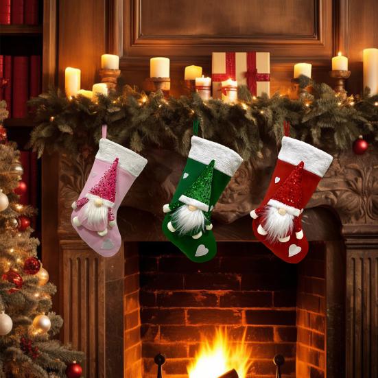 Christmas Stocking Sequins Satan Claus Heart Decor Hanging Stocking with Lanyard Xmas Party Decorative Bag