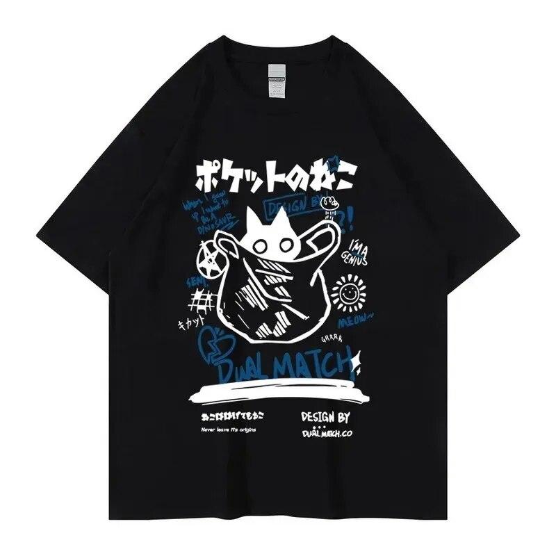 Unisex Women Cotton T-Shirt Japanese Kanji Funny Cat Printed T Shirt Harajuku Casual Short Sleeve Tshirt Streetwear Trend Tee Tops