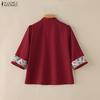 ZANZEA Women Print Splice 3/4 Sleeve Casual Stand Collar Loose Blouse