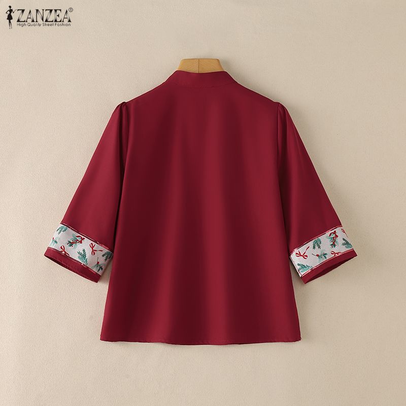 ZANZEA Women Print Splice 3/4 Sleeve Casual Stand Collar Loose Blouse