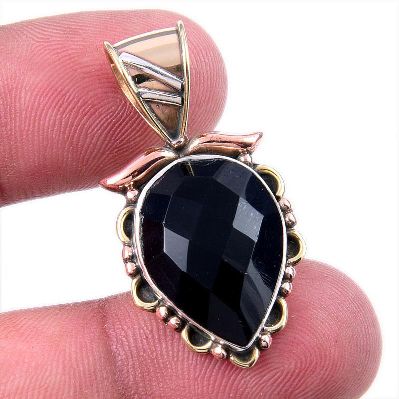 

Natural Black Onyx Gemstone 925 Solid Sterling Silver TwoTone Pendant 1.25 c7z95