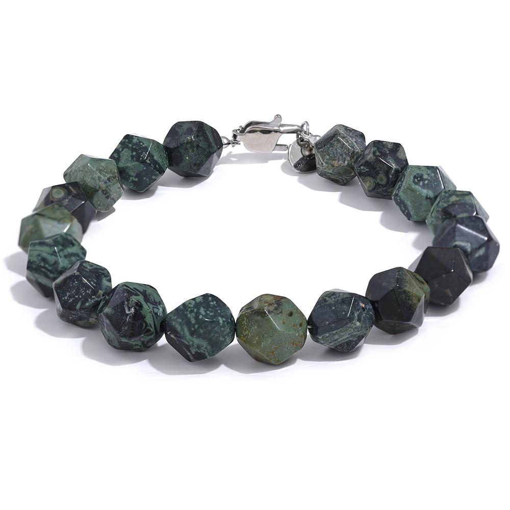 

Yhpup 8# 10# Natural Malachite Cub Stone Beads Chain Handmade Bracelet Bangle Stainless Steel Men Women Unisex Health Jewelry